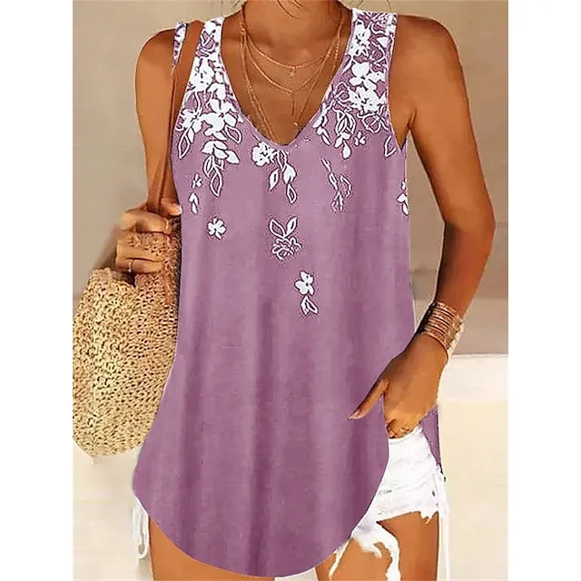 Women's Tank Top Camis Pink Blue Sky Blue Floral Print Sleeveless Casual V Neck Regular Fit Floral