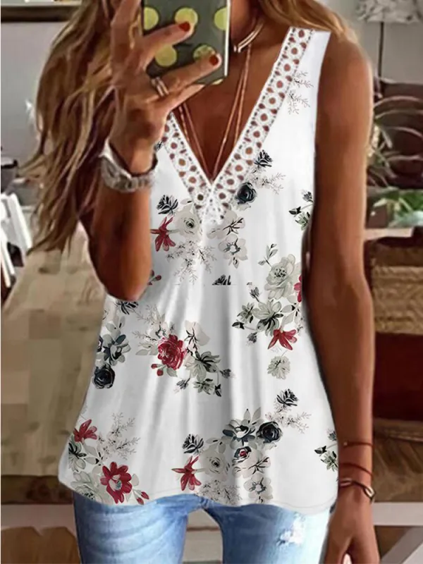 Blue Flower Sleeveless V-Neck Summer Cami Tops