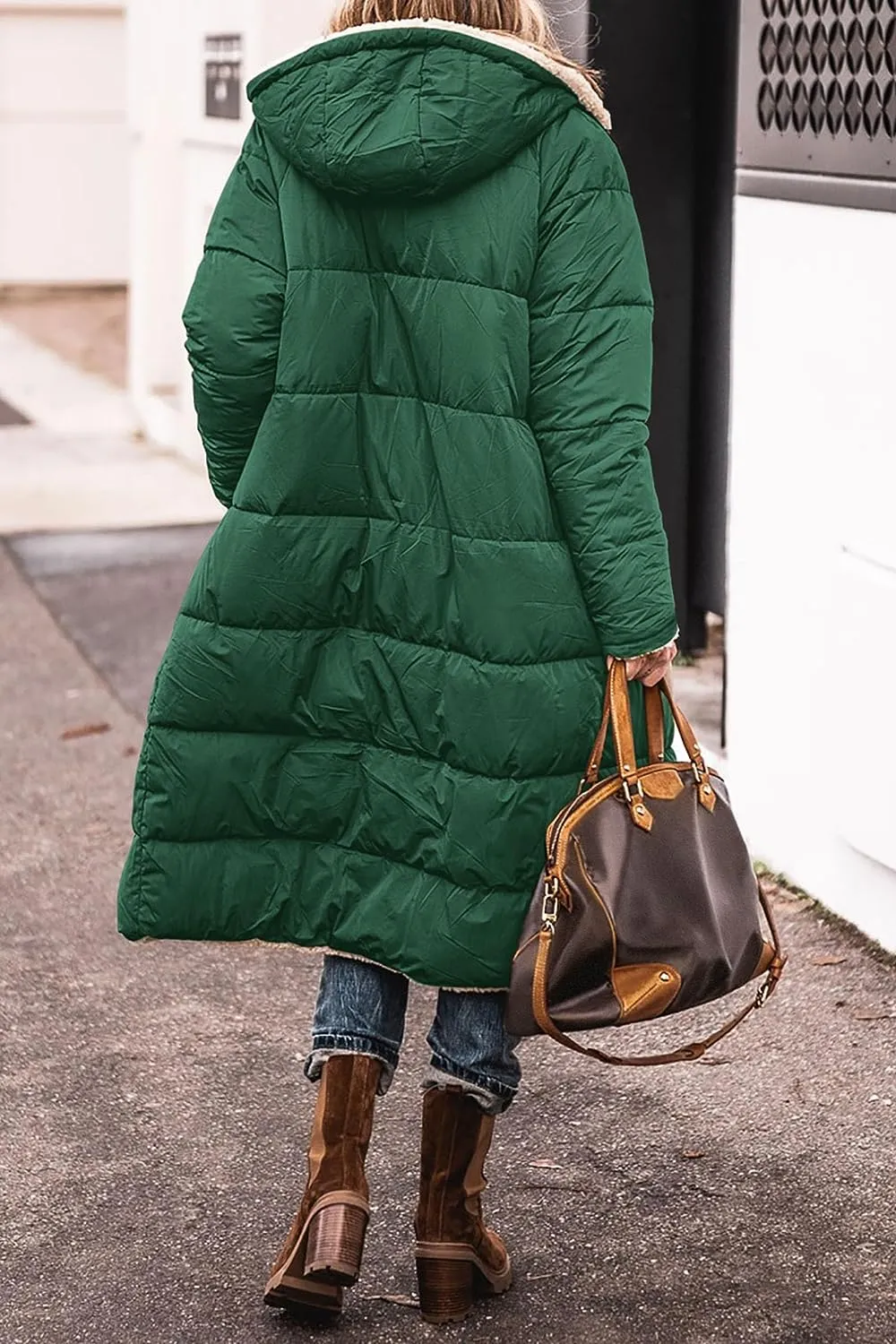 Women's 2023 Warm Winter Coats Reversible Sherpa Fleece Long Hooded Puffer Jackets Outerwear