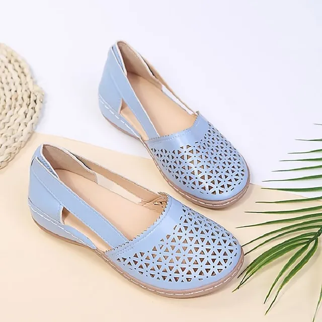 Women's Sandals Wedge Sandals Comfort Shoes Plus Size Outdoor Work Daily Summer Hollow Out Flat Heel Round Toe Classic Casual Minimalism Walking Shoes Faux Leather Loafer Solid Color Solid Colored