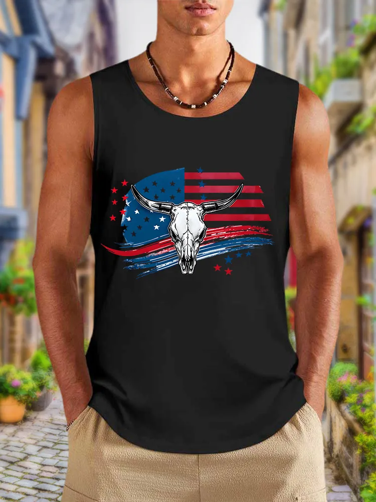 Men'S National Flag And Bull Head Print Round-Necked Sleeveless Vest