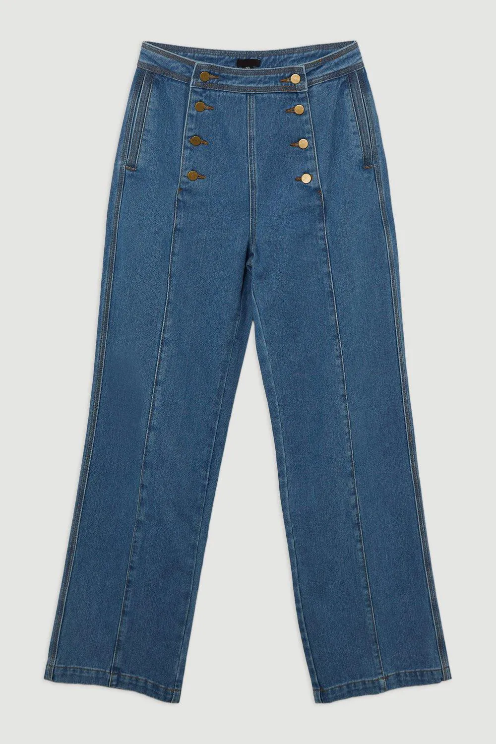 Denim Tailored Button Front Wide Leg Jeans