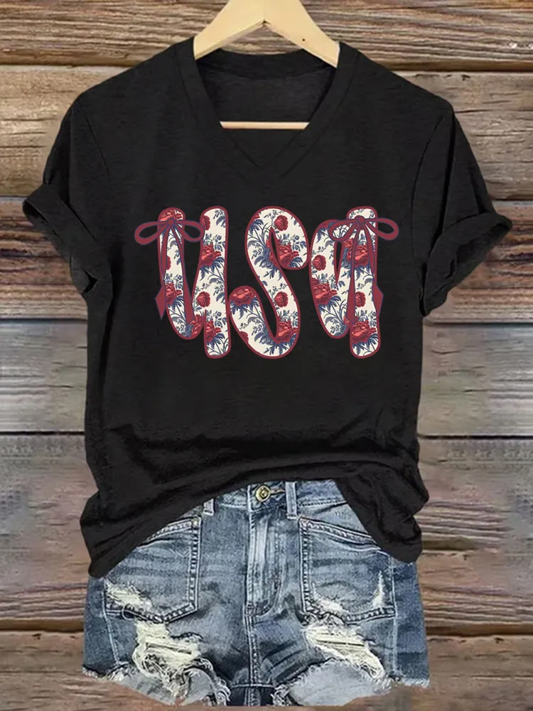 Woman'S USA Independence Day V-Neck And Short Sleeves T-shirt