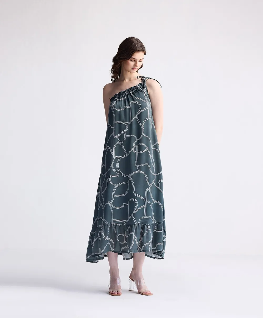 Reistor® One Shoulder Midi Dress in Abstract Stripes