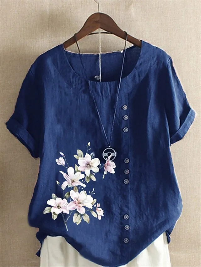 Women's Linen Shirt T shirt Tee Cotton Linen Navy Blue Blue Army Green Floral Button Print Short Sleeve Daily Vacation Going out Streetwear Crewneck Regular Fit Summer Spring