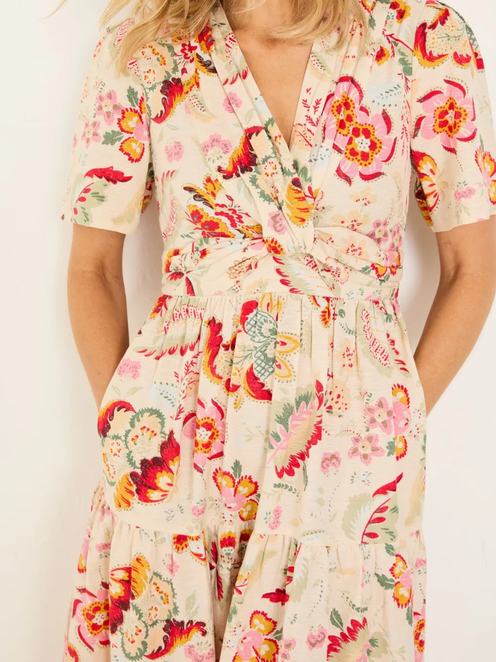 Cream Plants Printed Midi Dress