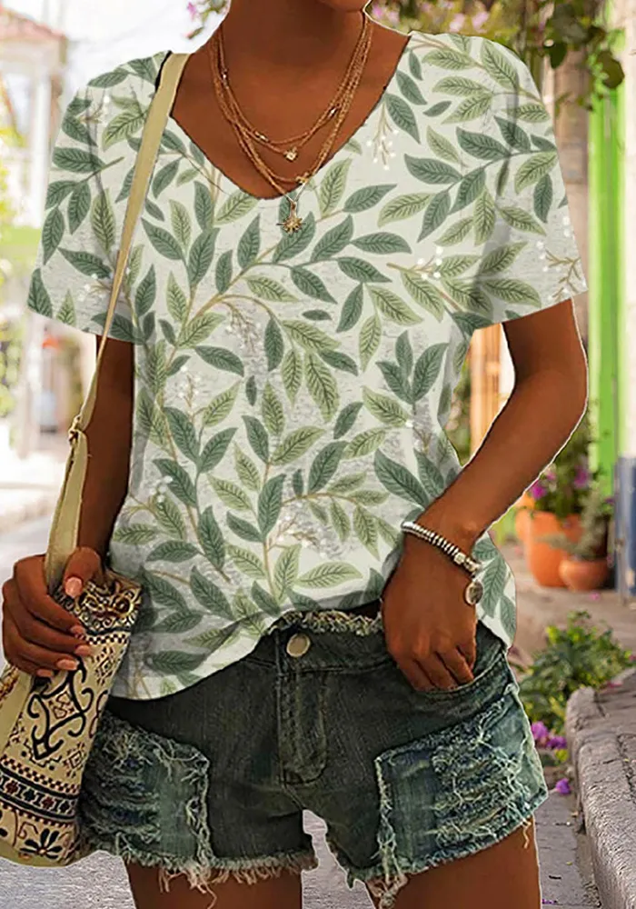 Women's Casual Green Plant Printed V-Neck Short T-Shirt