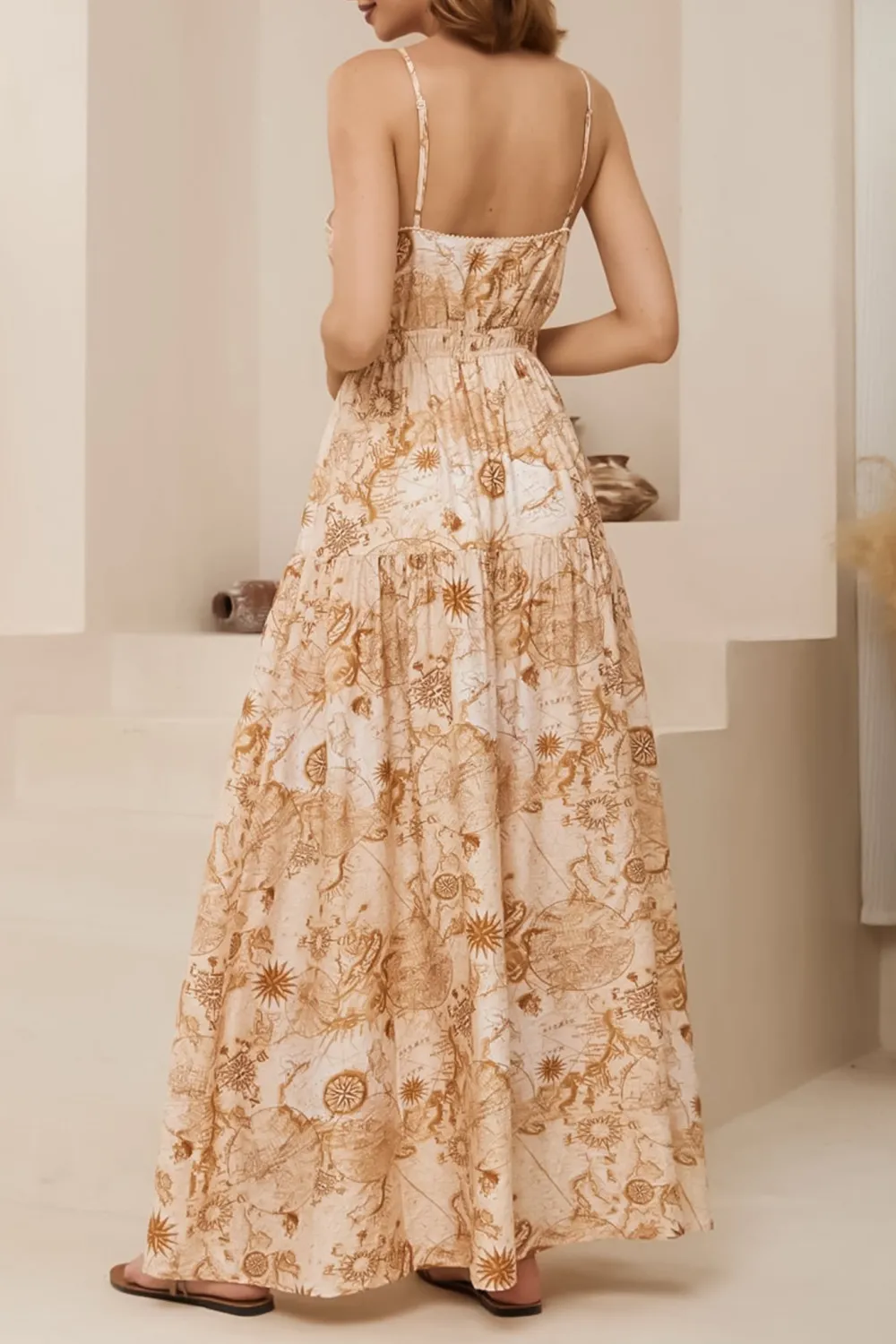 Light Khaki Floral Print Strapless Maxi Dress