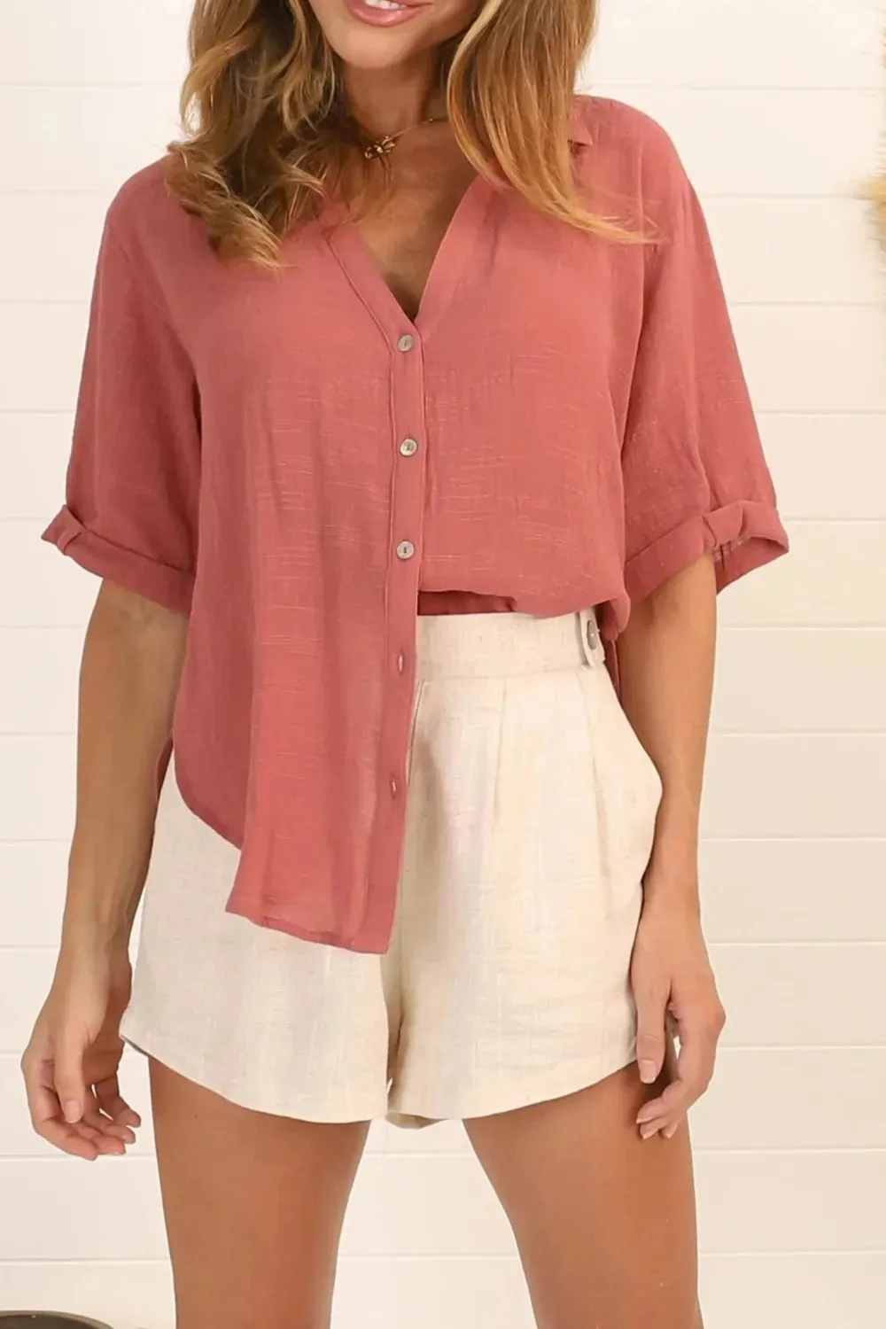 Coral Linen Short Sleeve Button Up Shirt