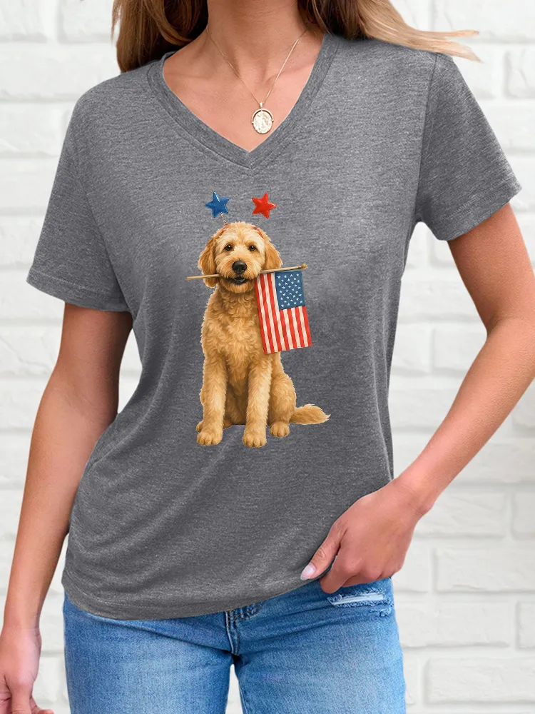 Woman'S Independence Day Puppy T-Shirt Short Sleeves