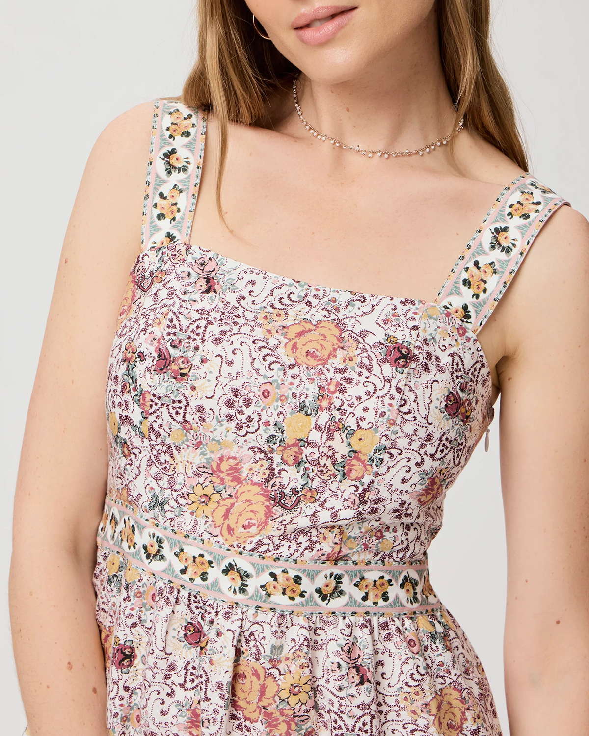 Light Pink And Multicolor Floral Print Square Neck Midi Dress