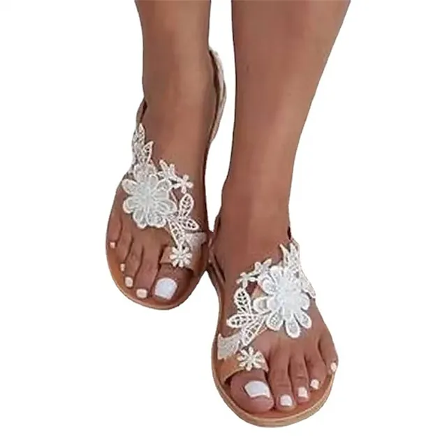 Women's Wedding Shoes Sandals Boho Bohemia Beach Plus Size Outdoor Beach Summer Lace Flower Flat Heel Cute Elegant Faux Leather Loafer Black White