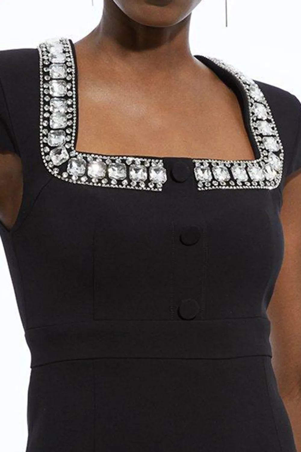 Tailored Compact Viscose Stretch Embellished Cap Sleeve Mini Dress