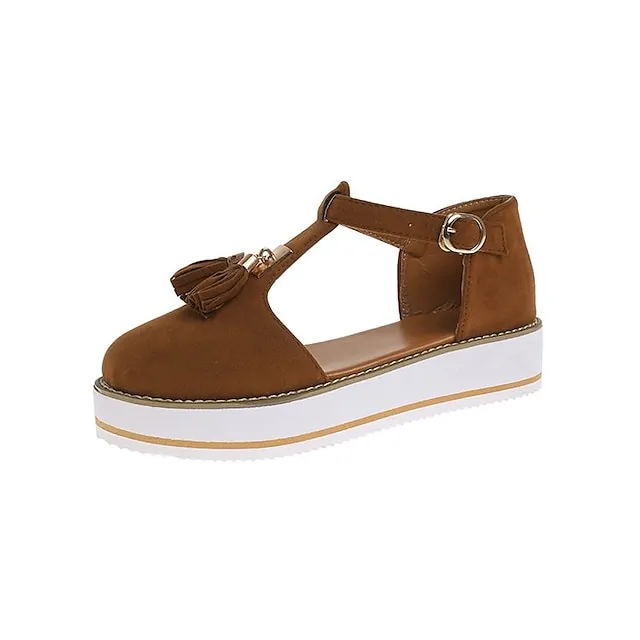 Women's Sandals Platform Sandals Plus Size Outdoor Daily Walking Summer Tassel Platform Flat Heel Round Toe Closed Toe Vintage Casual Faux Leather Synthetics Buckle Solid Color Solid Colored Black