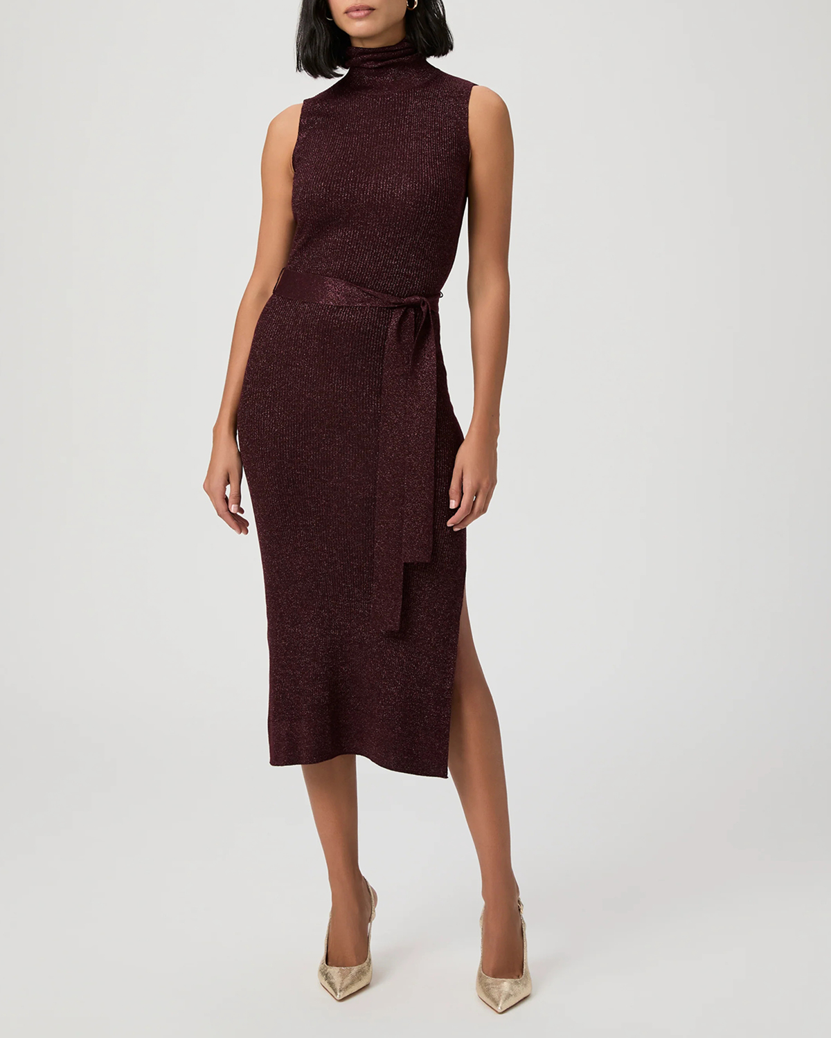 Burgundy Sleeveless Mock Neck Midi Dress