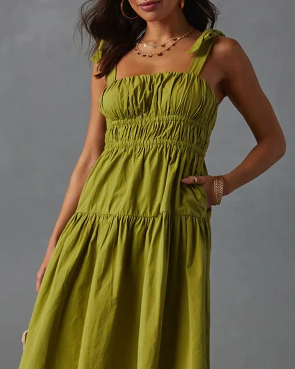 Tie Shoulder Tiered Midi Dress