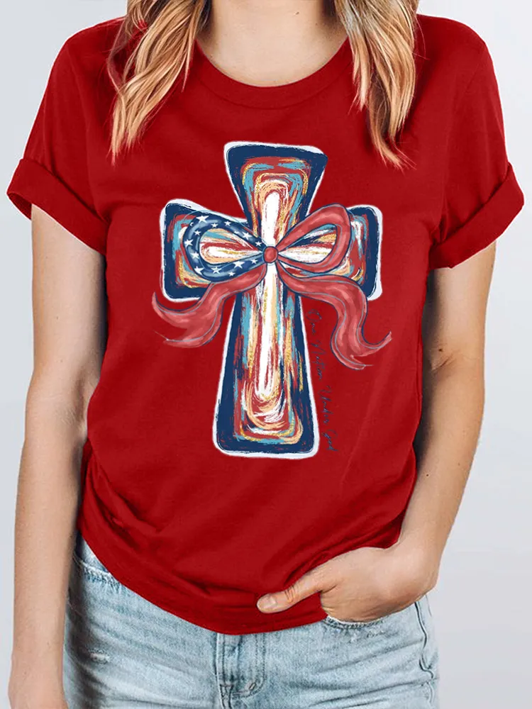 One Nation Under God Print Round-Neck Short-Sleeved T-Shirt