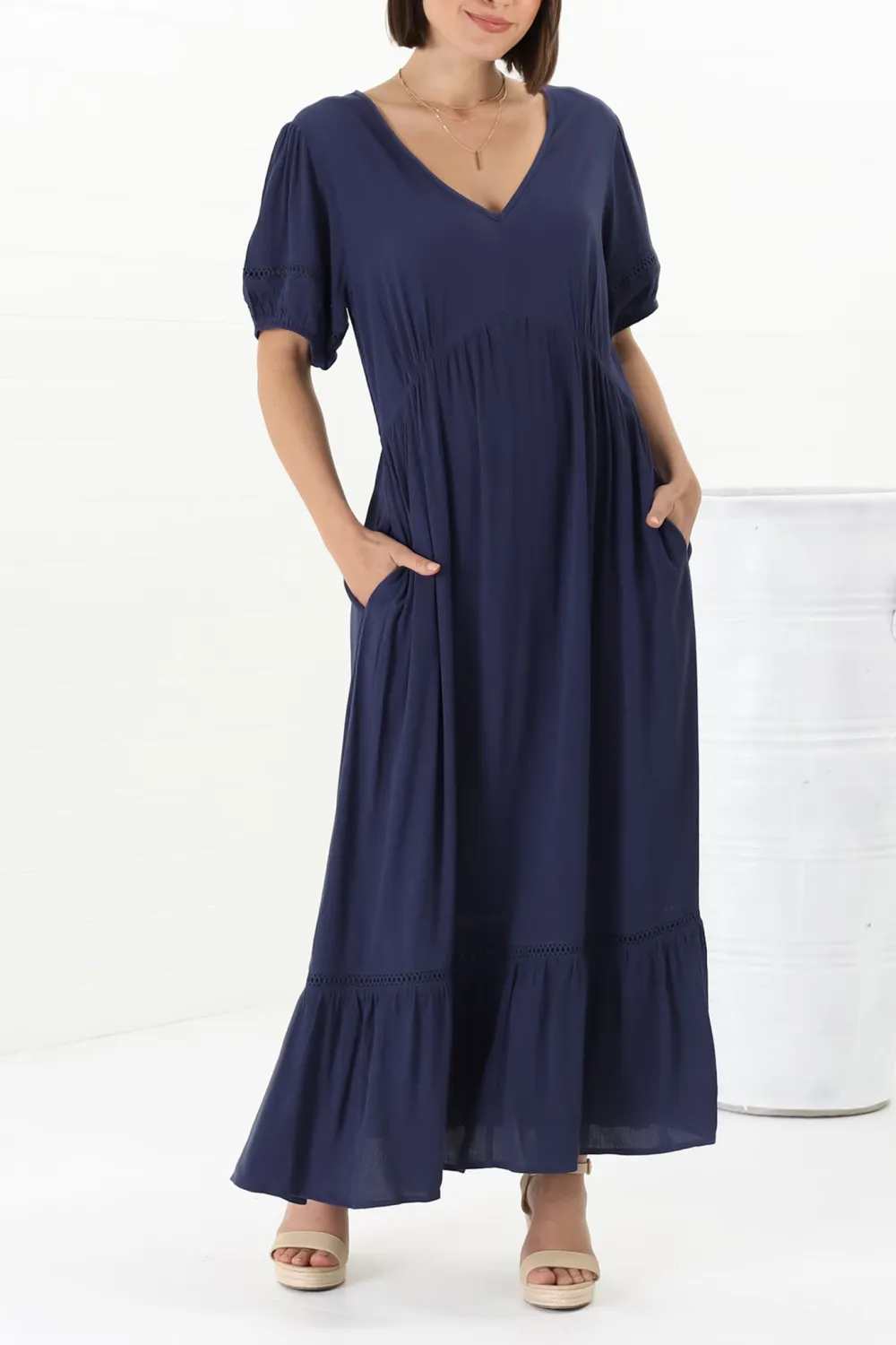 Navy Blue Short Sleeve Maxi Dress