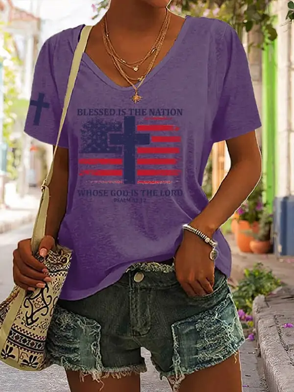 Woman'S Blessed Is The Nation Whose God Is The Lord Short-Sleeve V-Neck T-Shirt
