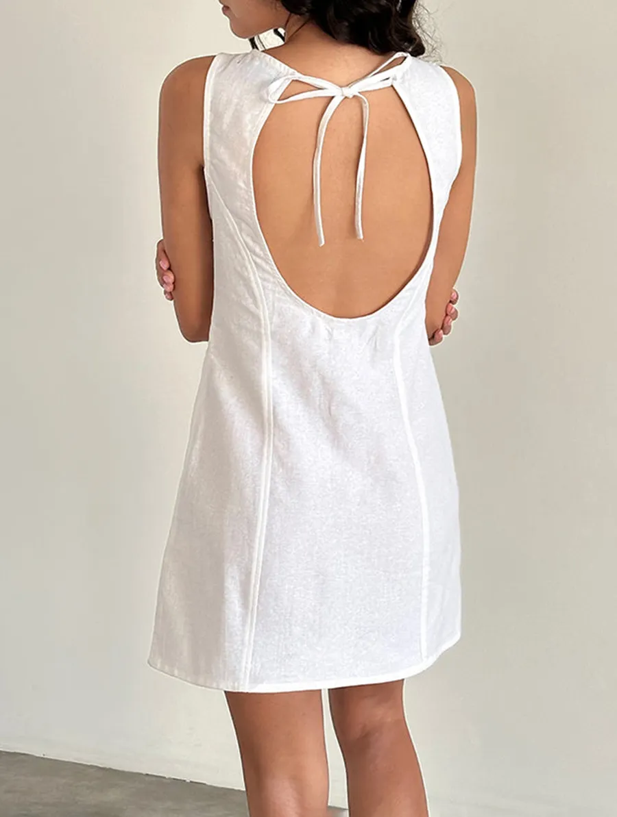 Ayana Open Back Mini Dress In Off White Linen