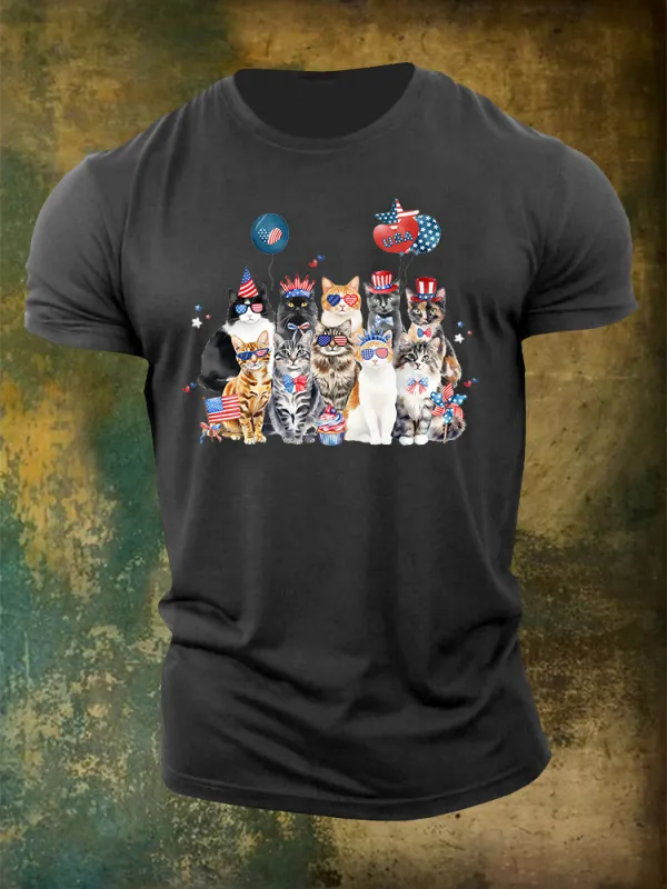 Men'S Independence Day Cat Flag Round-Neck T-Shirt