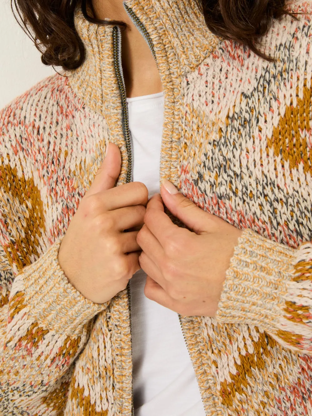 Natural Knitted Zip Through Cardigan