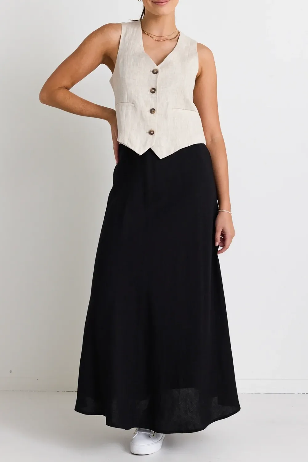 Linen Black Floaty Bias Cut Maxi Skirt