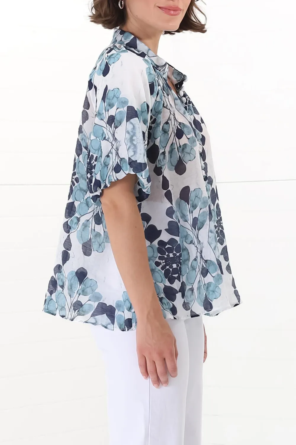 Blue Floral Print Short Sleeve Blouse