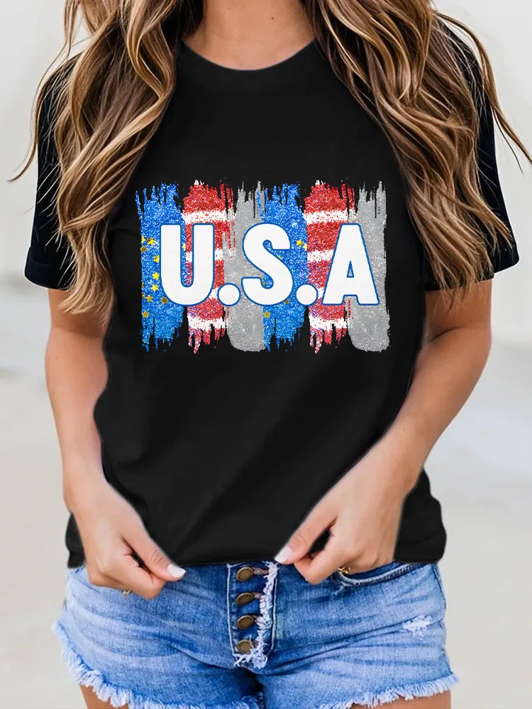 Woman'S USA Round-Neck Short-Sleeved T-Shirt