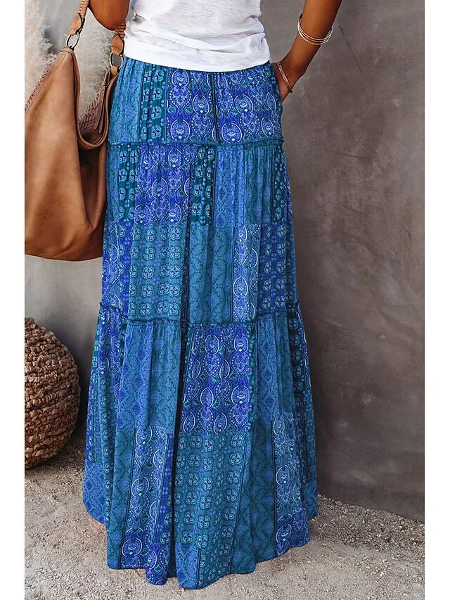 Women's Skirt Swing Long Skirt Maxi Red Blue Purple Orange Skirts Spring & Fall Ruffle Print Fashion coastal grandma style Boho Holiday Casual Daily S M L