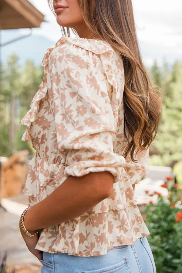 Tan Ruffle Detail Floral Blouse