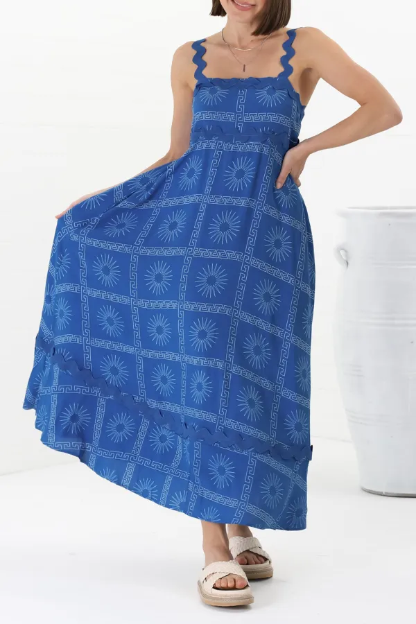 Blue Patterned Scallop Strap Maxi Dress