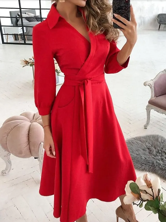 Women‘s A Line Dress Midi Dress Tie dye Letter printing Butterfly print Big wave point Small dots Diamond printing Black khaki Sky Blue Red Long Sleeve Print Butterfly Pure Color Lace up Pocket