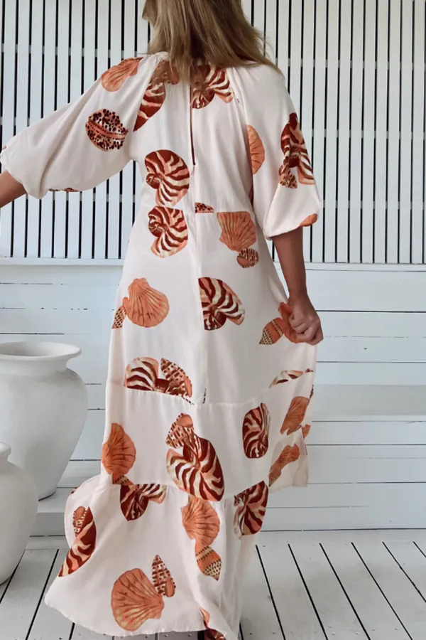 White Shell Print Half Sleeve Maxi Dress