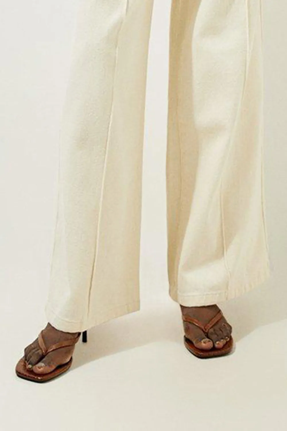 Non-Stretch Denim Waistband Detail Wide Leg Trousers