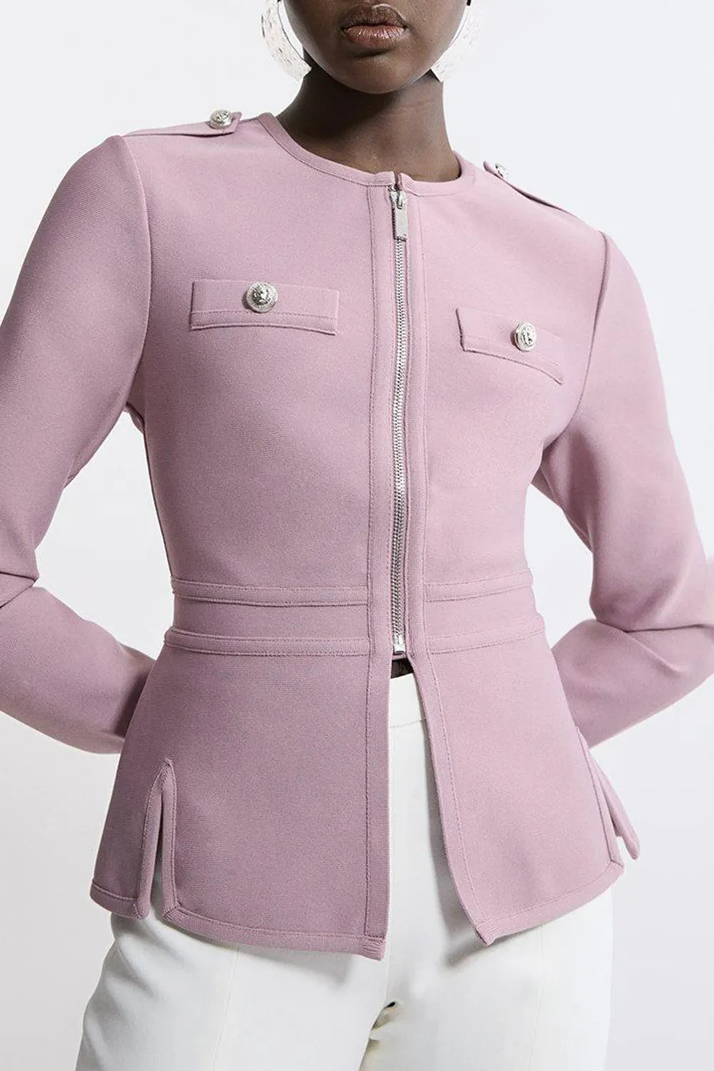 Military Contrast Piping Knit Split Hem Jacket