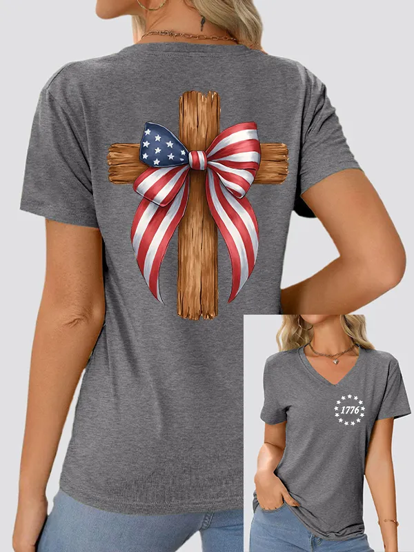 Woman'S Independence Day and Faith V-Neck And Short Sleeves T-shirt