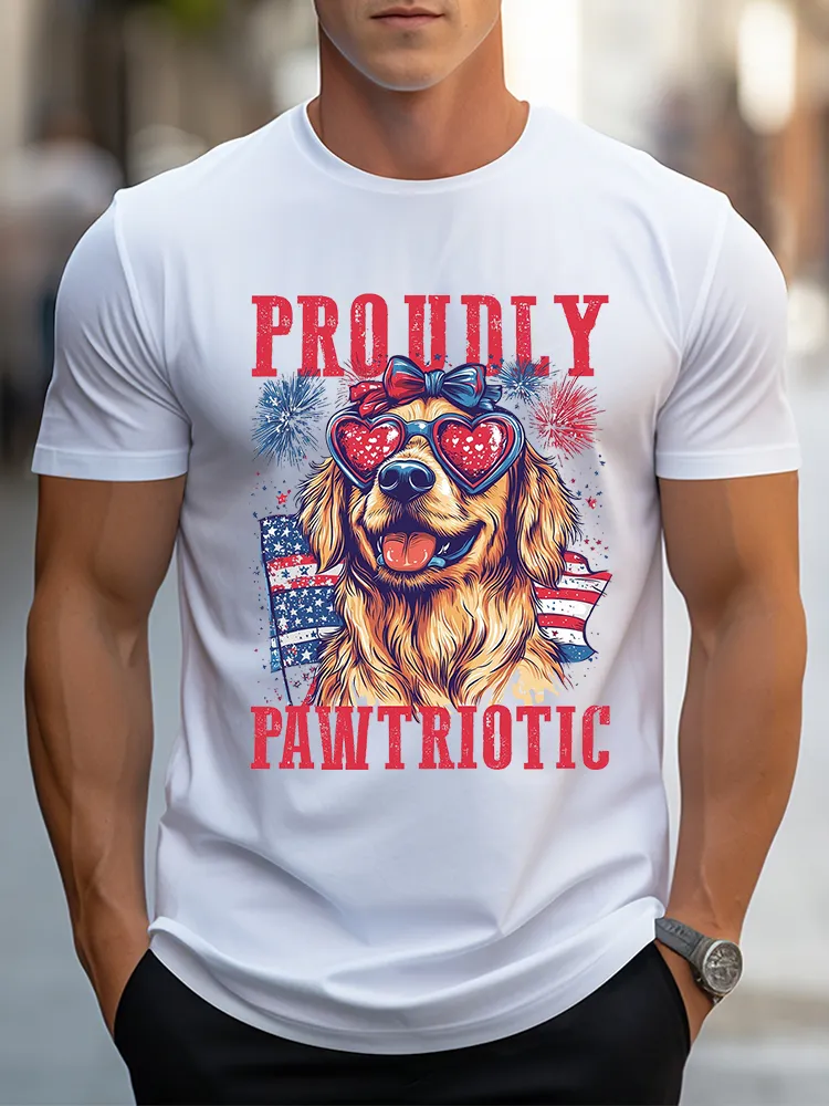 Man'S Proudly Pawtriotic Round-Neck Short-Sleeved T-Shirt