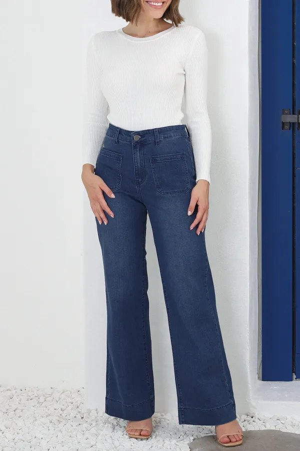 Dark Blue High Waisted Wide Leg Denim Jeans