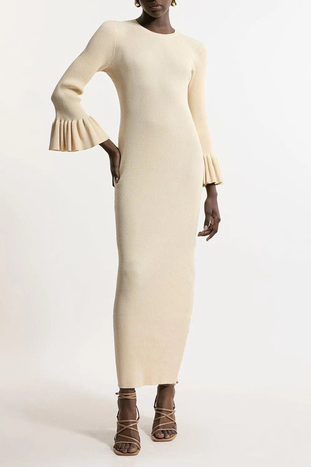 Trumpet Sleeve Rib Knit Midi Dress