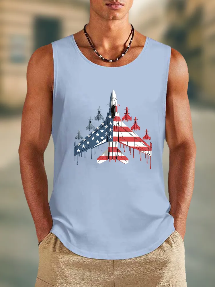 Men'S Stars And Stripes Airplane Print Round-Necked Sleeveless Vest