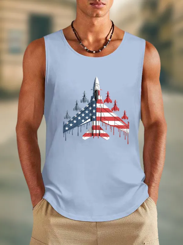 Men'S Stars And Stripes Airplane Print Round-Necked Sleeveless Vest