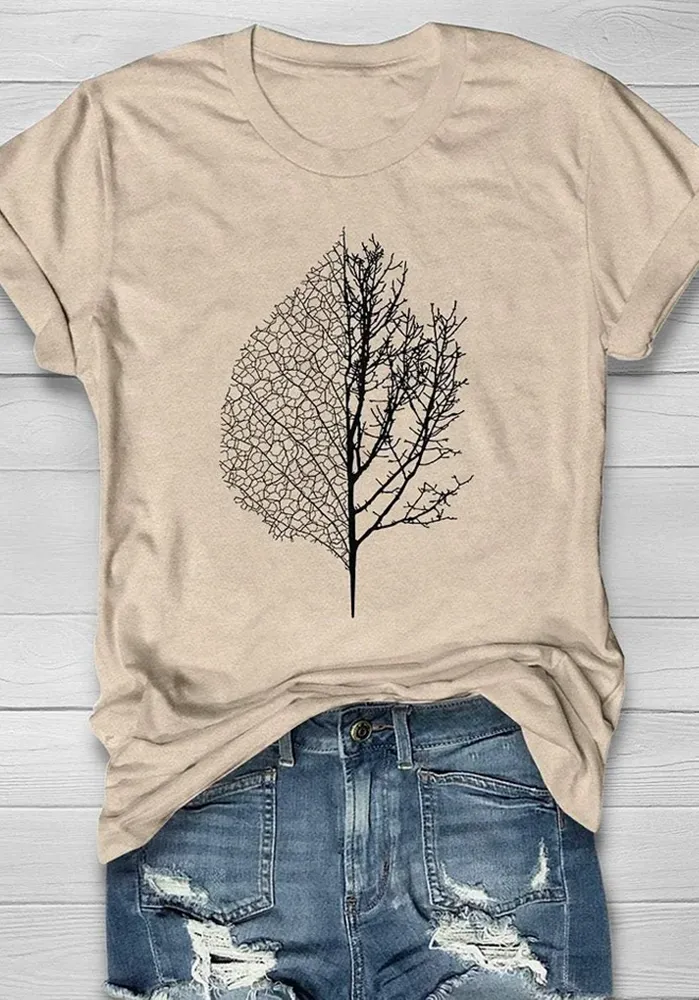 Women's Casual Leaves and Trees Forest Print Short Sleeve T-Shirt