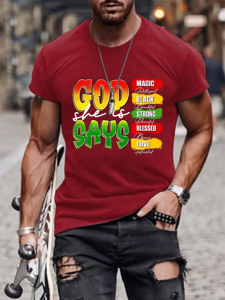 Men'S Round-Neck Short-Sleeved T-Shirt With God Says Magic Black Strong Blessed Love Prints
