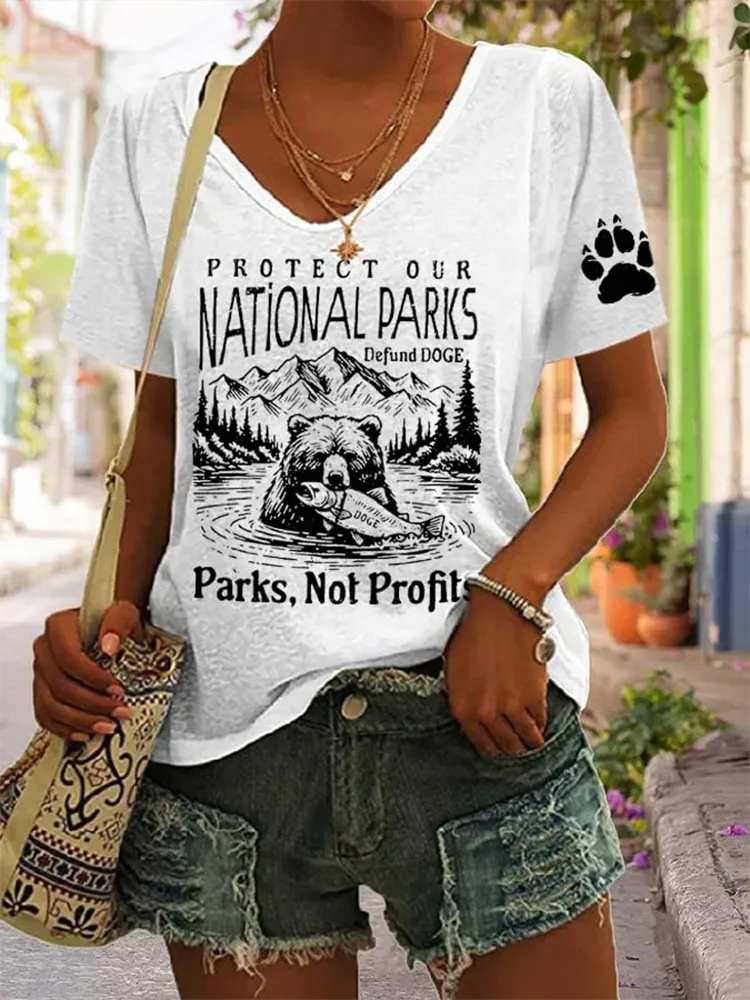 Woman'S Protect Our National Parks Defund Doge Parks, Not Profits V-Neck Short-Sleeve T-Shirt
