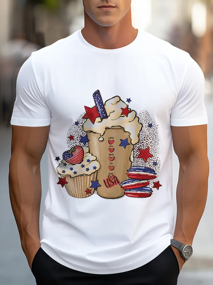 Man'S Dessert Print Round-Neck Short-Sleeved T-Shirt