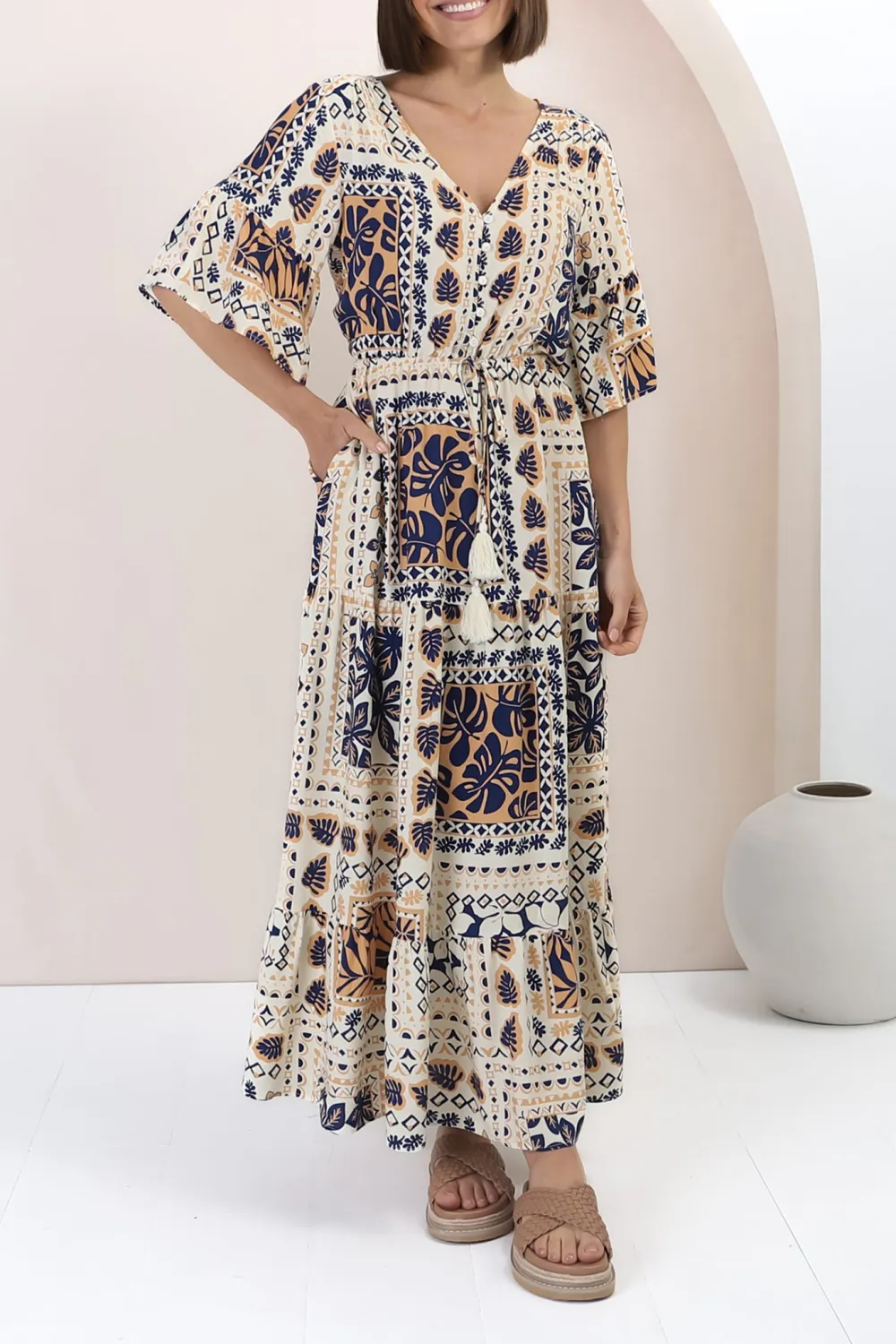 Ivory Patchwork Print Flutter Sleeve Maxi Dress