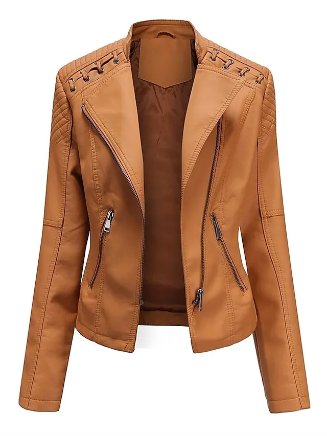 Women's  Faux Leather Jacket Moto Biker Jacket Fall Waterproof Windproof Coat Winter Zipper Lapel Modern Outerwear Long Sleeve Causal Vacation