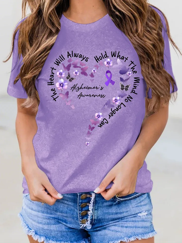Women'S The Heart Will Always Hold What The Mind No Longer Can Alzheimer'S Awareness Round-Neck Short-Sleeved T-Shirt