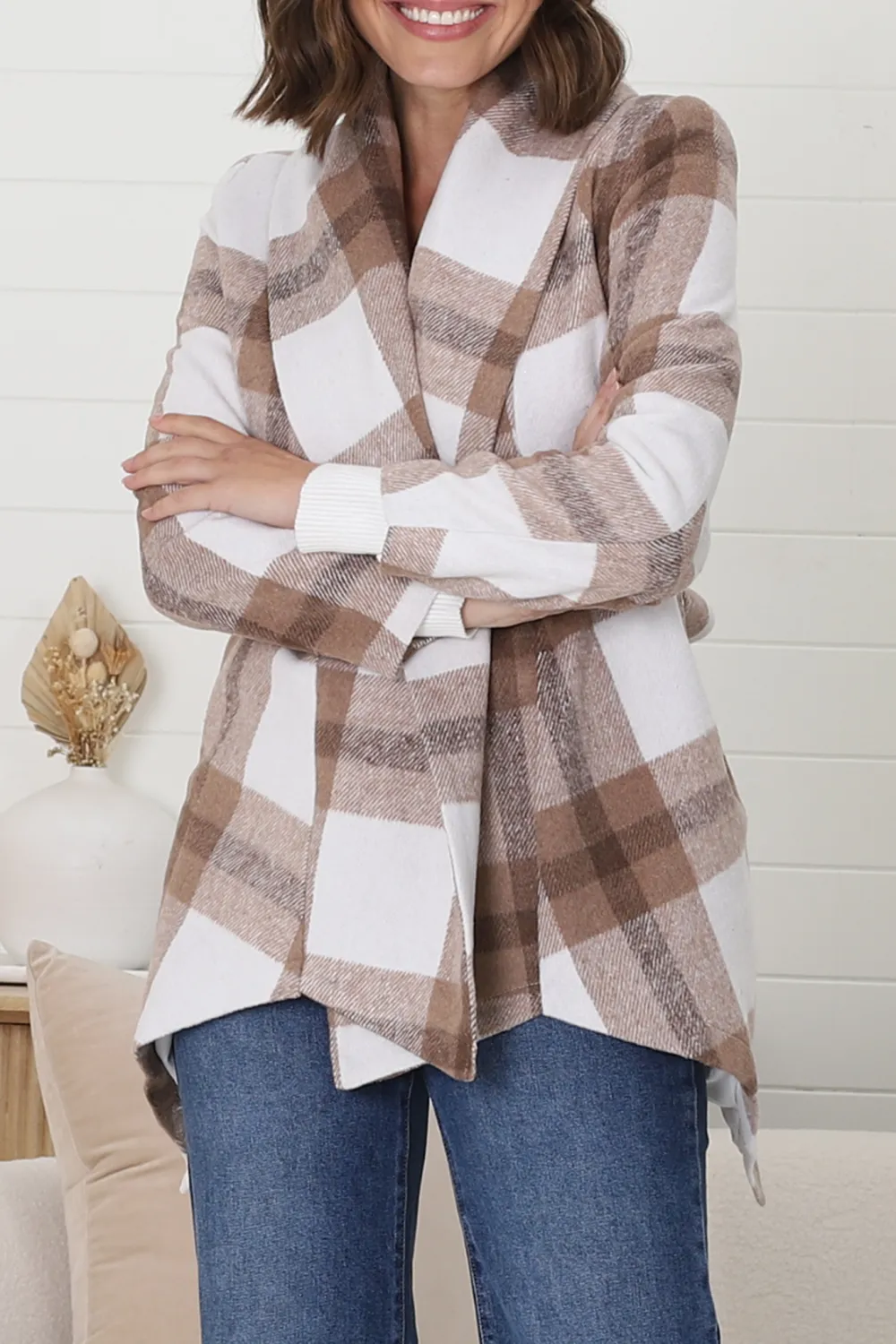 Taupe Plaid Belted Wrap Coat